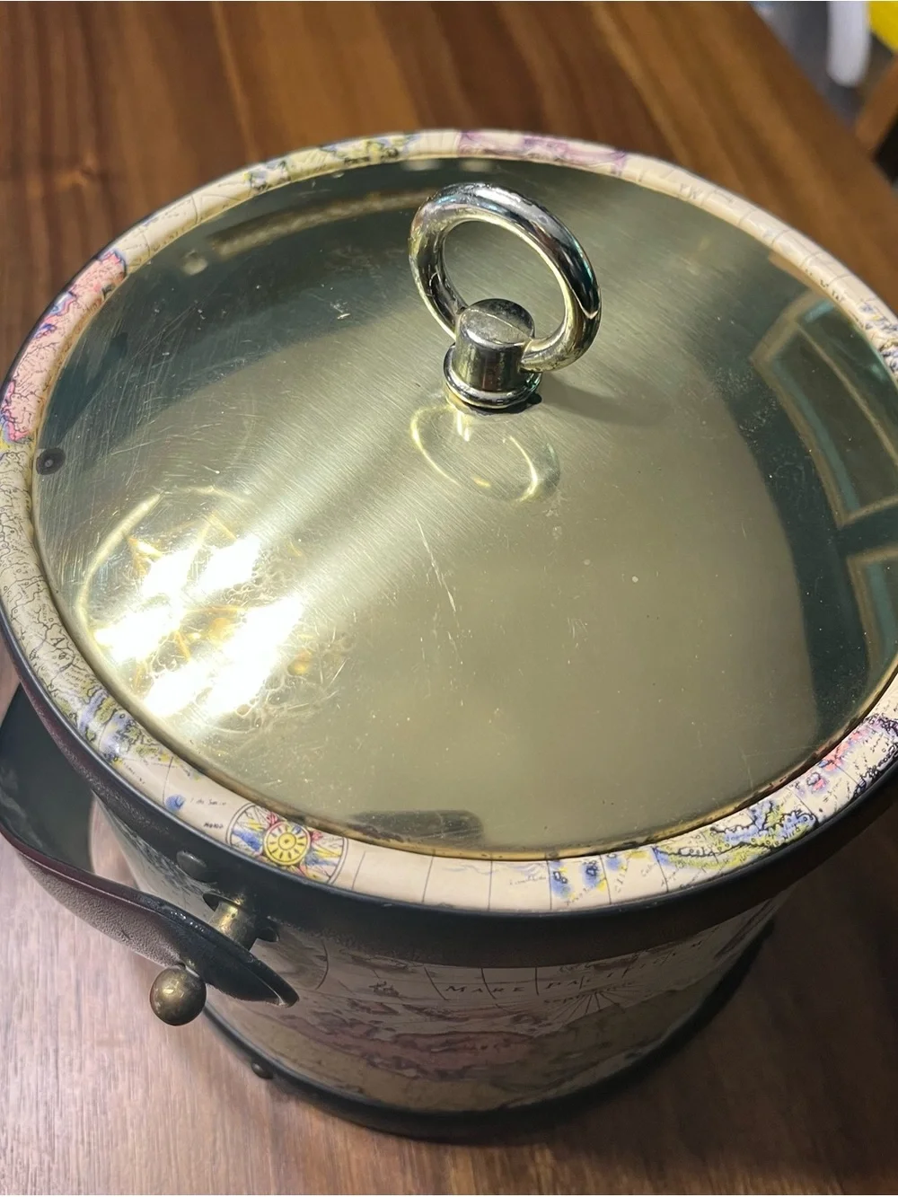 Decorative Brass-Lid Map Print Accent Ice  Bucket Cream and Gold